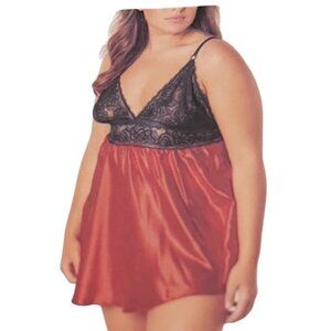 Oh La La Cheri Lace Cup Satin Empire Babydoll  3X/4X Black/Red lingerie/top